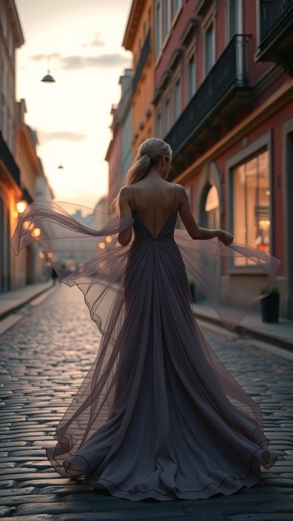 A woman wearing a stunning gown with a dramatic train, walking down a cobblestone street in a Gotham City themed setting during sunset.