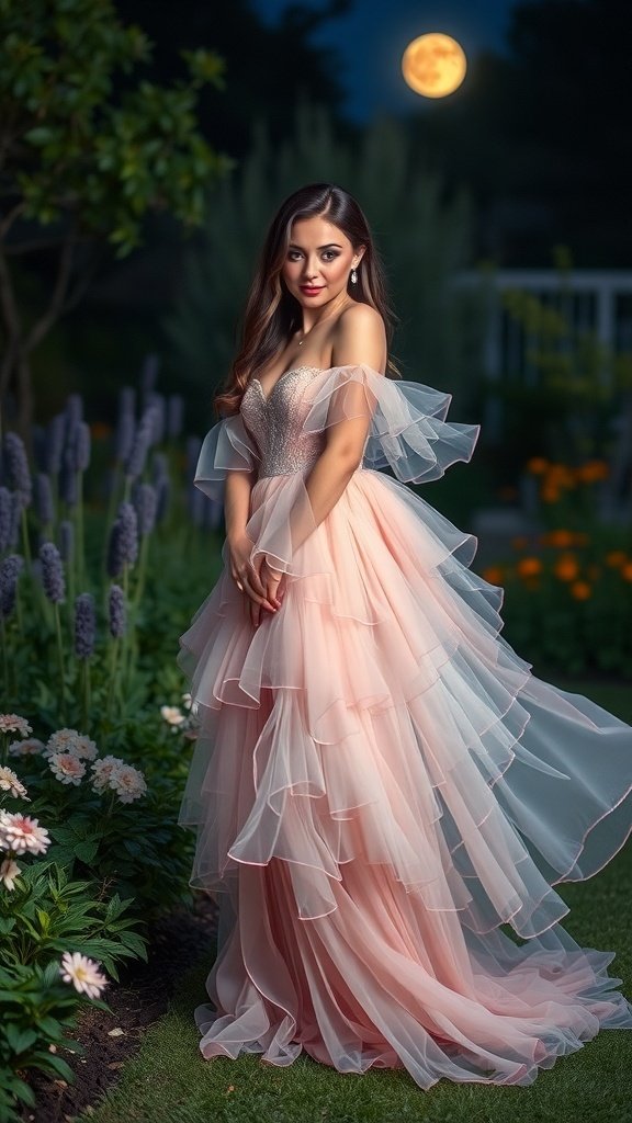A layered pink organza gown with a large bow, set against a moonlit sky.
