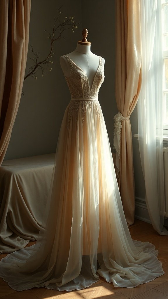 A stunning gown with sheer panels, inspired by Gotham City, displayed in soft lighting.