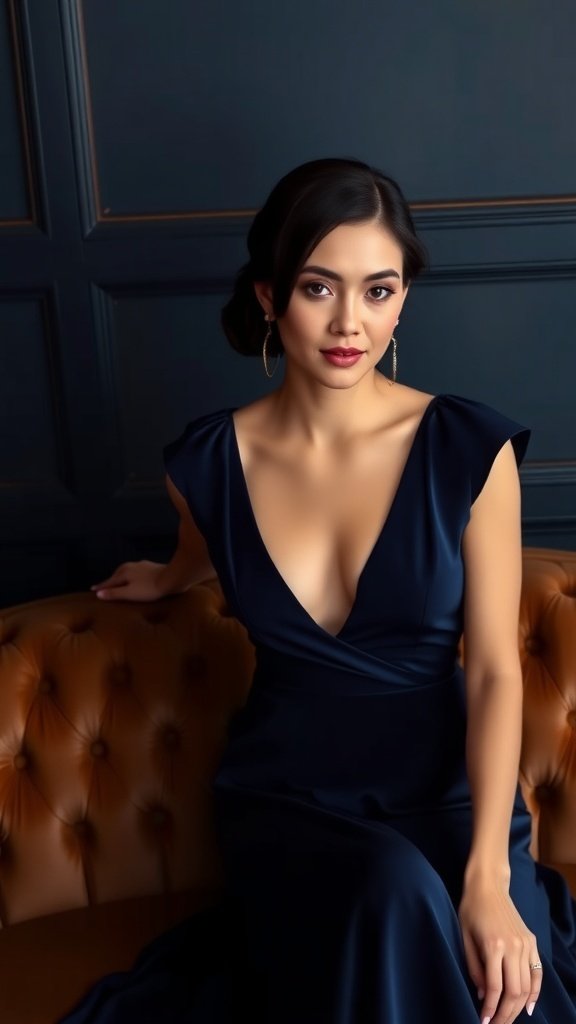 A sophisticated navy gown with cap sleeves displayed on a red tufted couch, inspired by Gotham City themes.