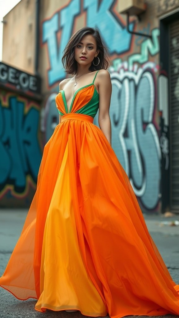 A bold color-blocked gown in orange, blue, and green, displayed against a graffiti backdrop, inspired by Gotham City.