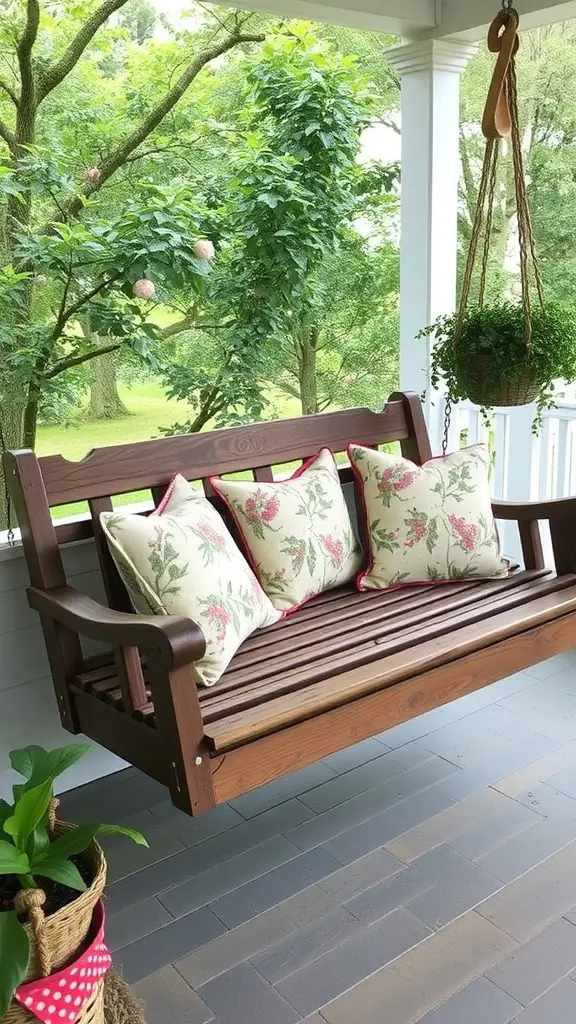 A cozy porch swing with vintage fabric cushions and throws, surrounded by plants.