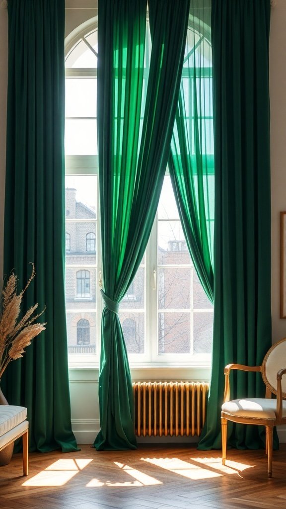 Emerald green curtains framing a window, showcasing varying shades of green fabric.