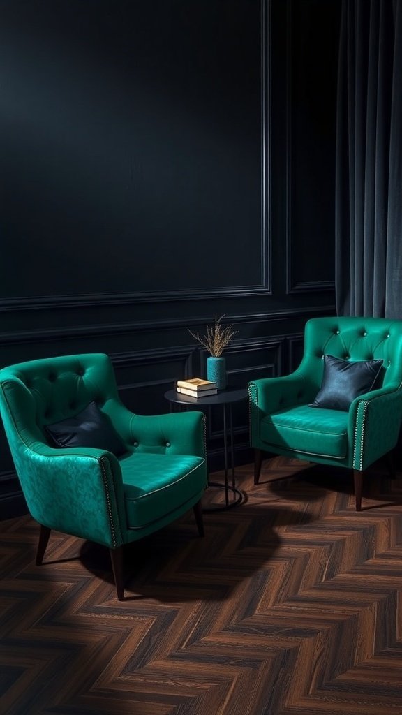 Two emerald green accent chairs with a side table in a dark room