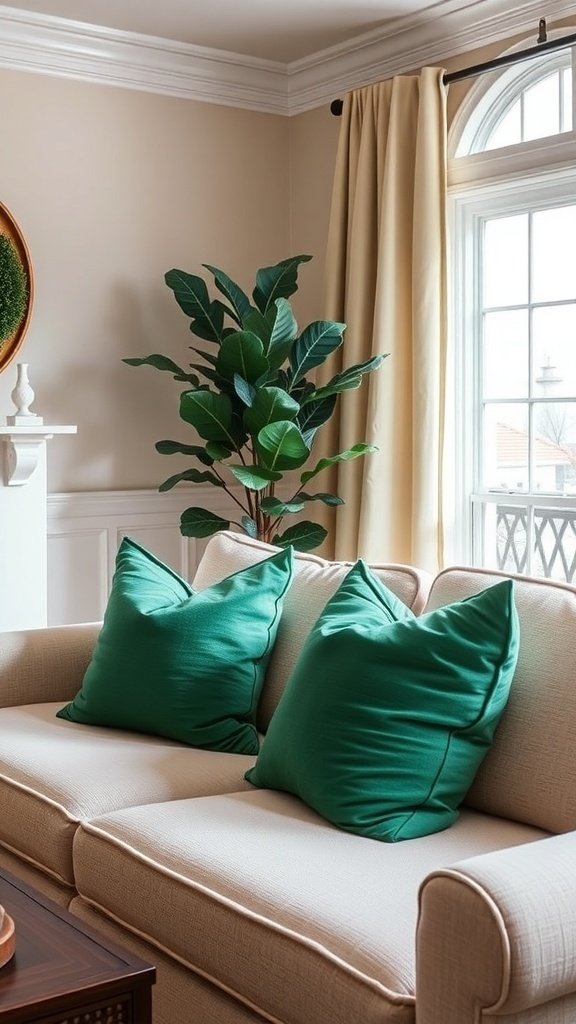 Emerald green throw pillows on a beige sofa with a clock and plants in the background