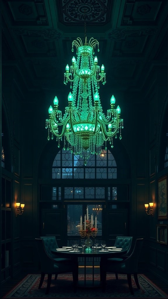 A stunning emerald green chandelier hanging in a dimly lit dining room, surrounded by elegant decor.