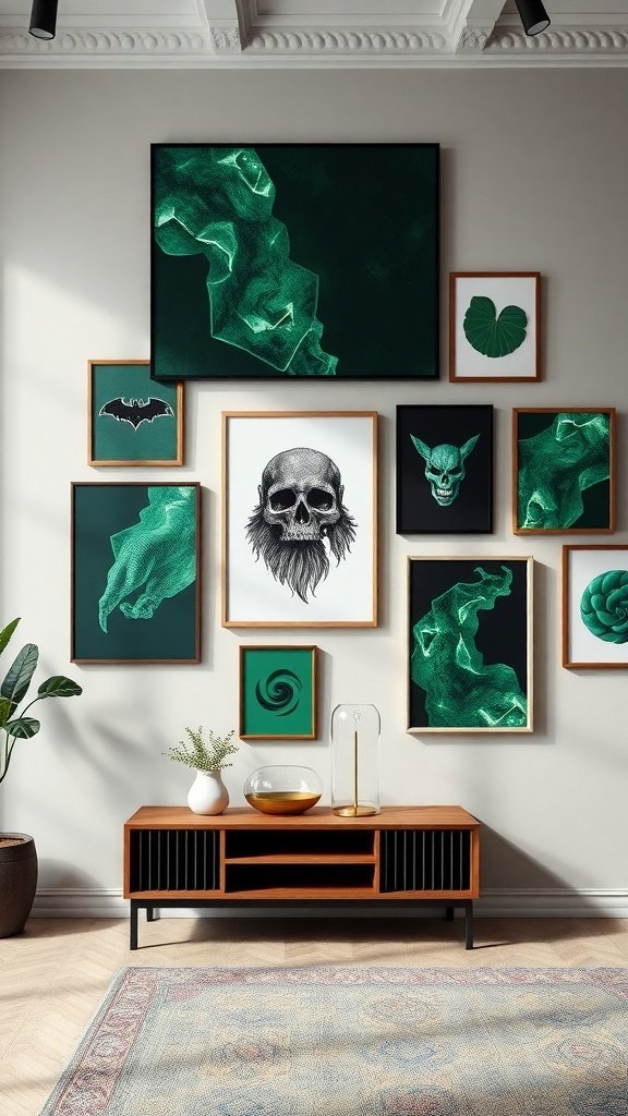 A collection of emerald green wall art pieces arranged on a wall, featuring abstract designs, nature motifs, and playful elements like a bat and a skull.