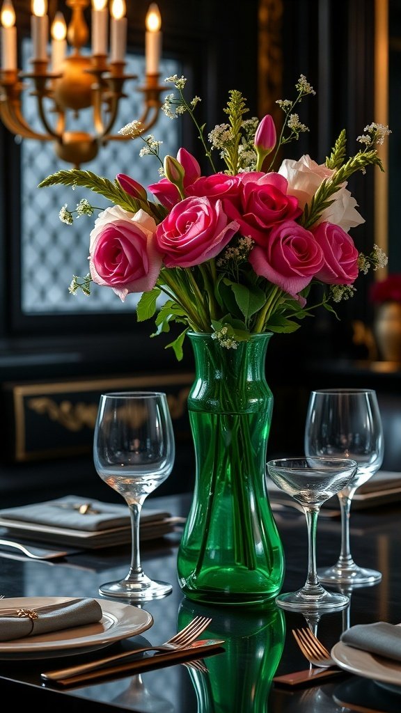 A green decorative vase filled with pink roses on a dining table