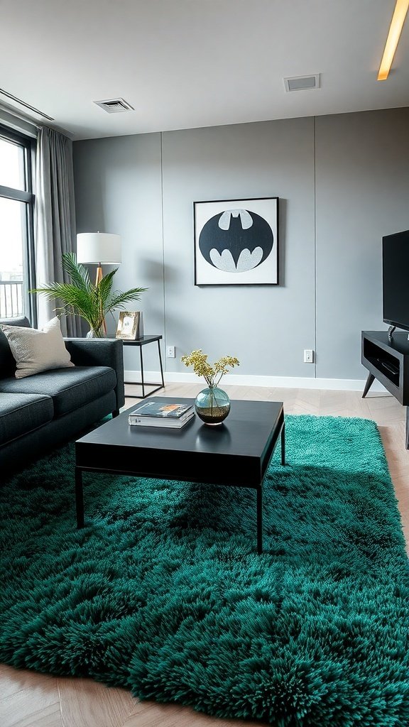 Stylish emerald green rug in a modern living room with a black sofa and coffee table.