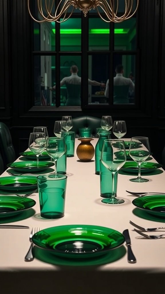 A beautifully set dining table featuring emerald green plates and glasses, with a golden vase as a centerpiece.