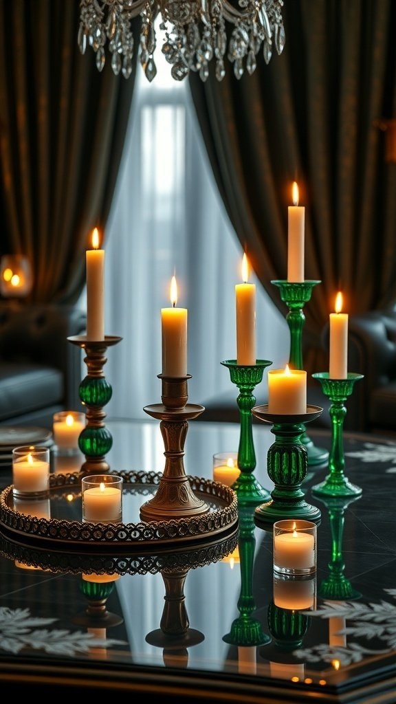 Emerald green candle holders with white candles on a table