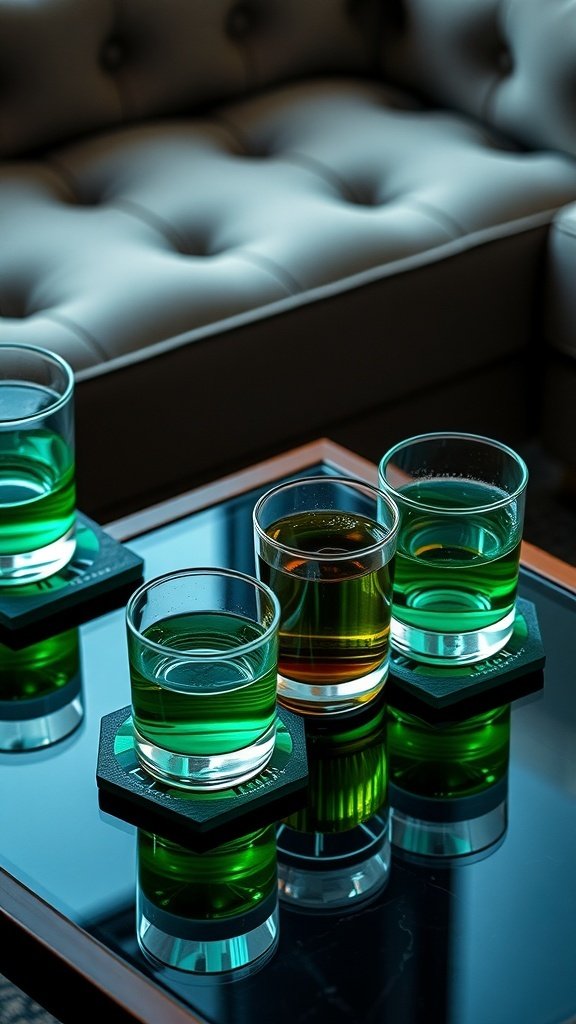 A table with emerald green coasters and drinks in shades of green