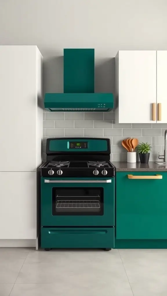 Emerald green kitchen appliances featuring a stove and hood in a modern kitchen setting.