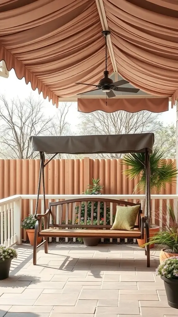 A cozy outdoor space featuring a 1920's porch swing under a stylish canopy with plants around.