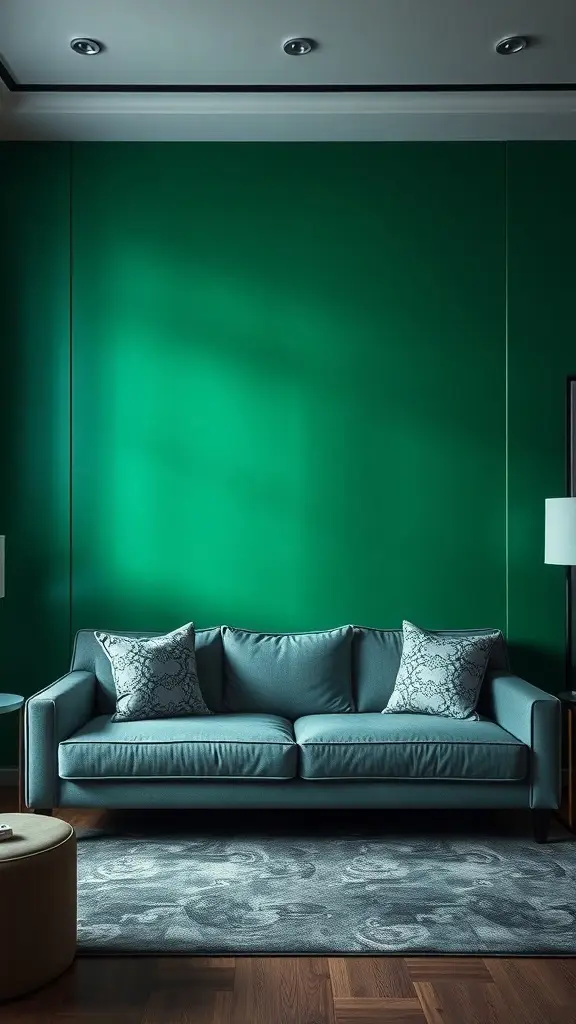 A cozy living room featuring an emerald green accent wall and a soft blue sofa with decorative pillows.