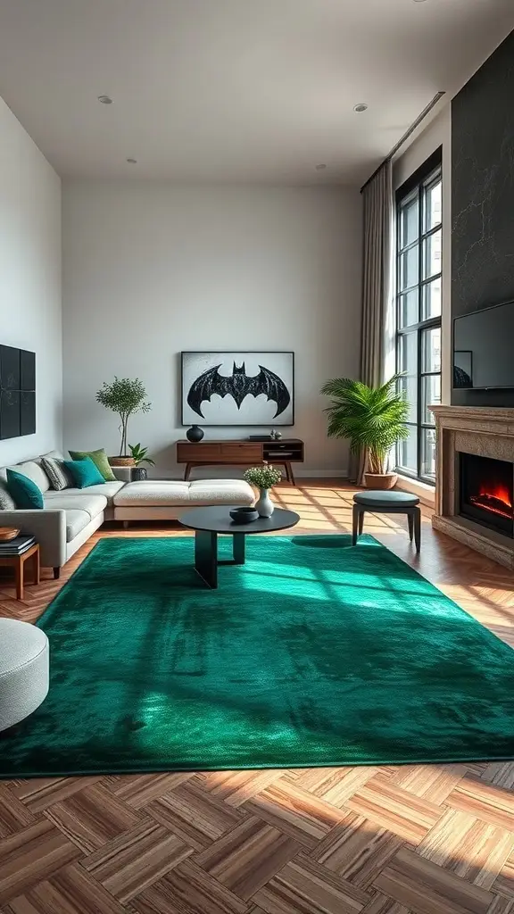 A modern living room featuring a plush emerald green area rug, stylish furniture, and large windows.