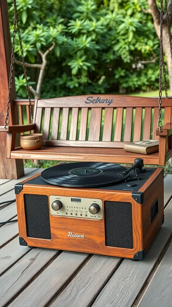 A wooden record player next to a 1920's porch swing in a lush garden setting.