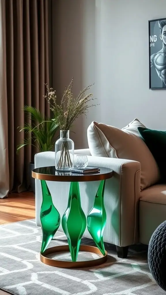 A stylish emerald green accent table with a unique design, placed next to a sofa in a modern living room.