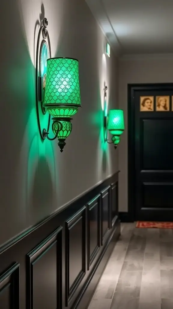 A corridor with emerald green wall sconces illuminating the walls.