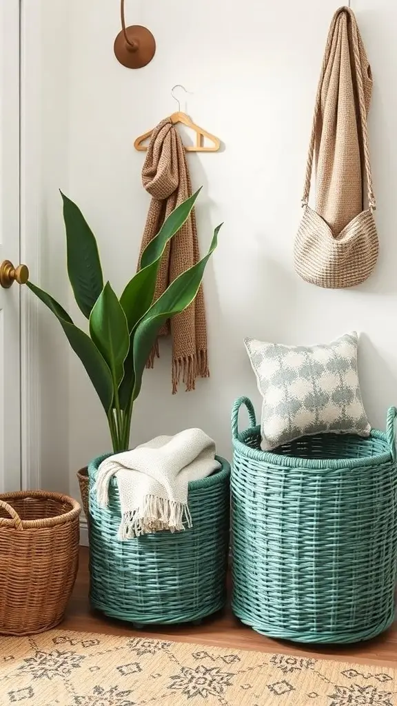 A hallway with emerald green storage baskets on a shelf, showcasing a stylish and organized entryway.