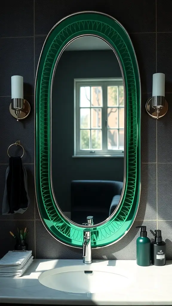 Emerald green accent mirror in a modern bathroom setting