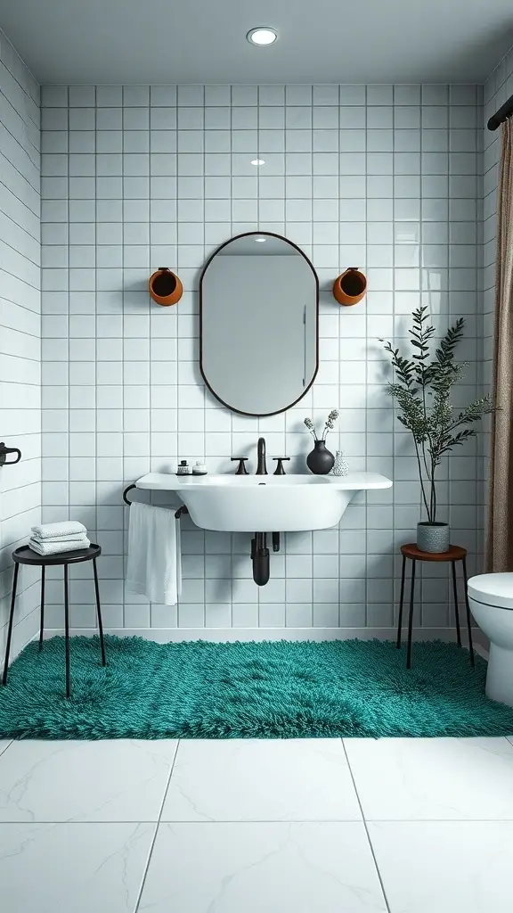 A stylish bathroom featuring a plush emerald green rug, white tiles, and modern fixtures.