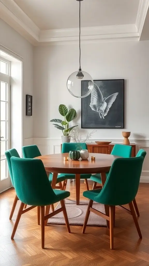 A dining area featuring emerald green chairs around a wooden table, with a stylish light fixture and artwork on the wall.