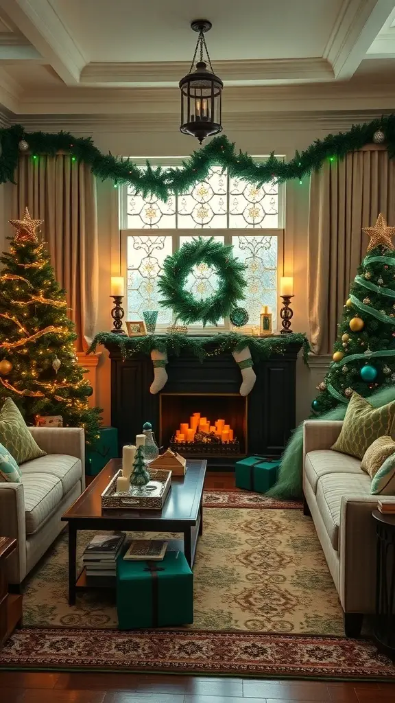 Cozy living room decorated with emerald green seasonal decor, featuring Christmas trees, garlands, and a warm fireplace.
