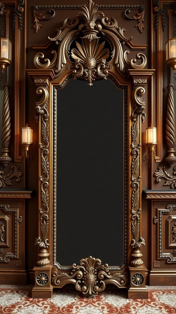 An ornate Victorian-style full-length mirror with intricate carvings and a rich wooden frame.