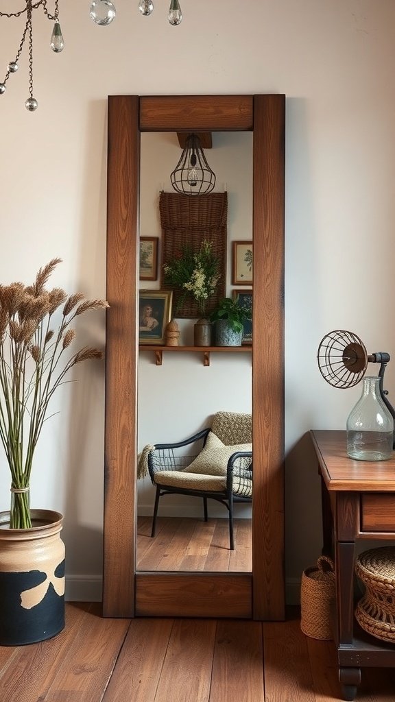 A rustic full-length mirror with a wooden frame, surrounded by vintage decor including a woven basket, framed pictures, and a comfortable chair.