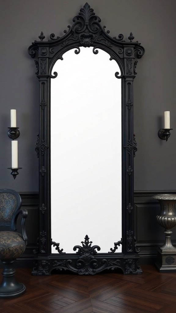 A tall, ornate black full-length mirror with intricate Gothic Revival designs, set against a dark wall.