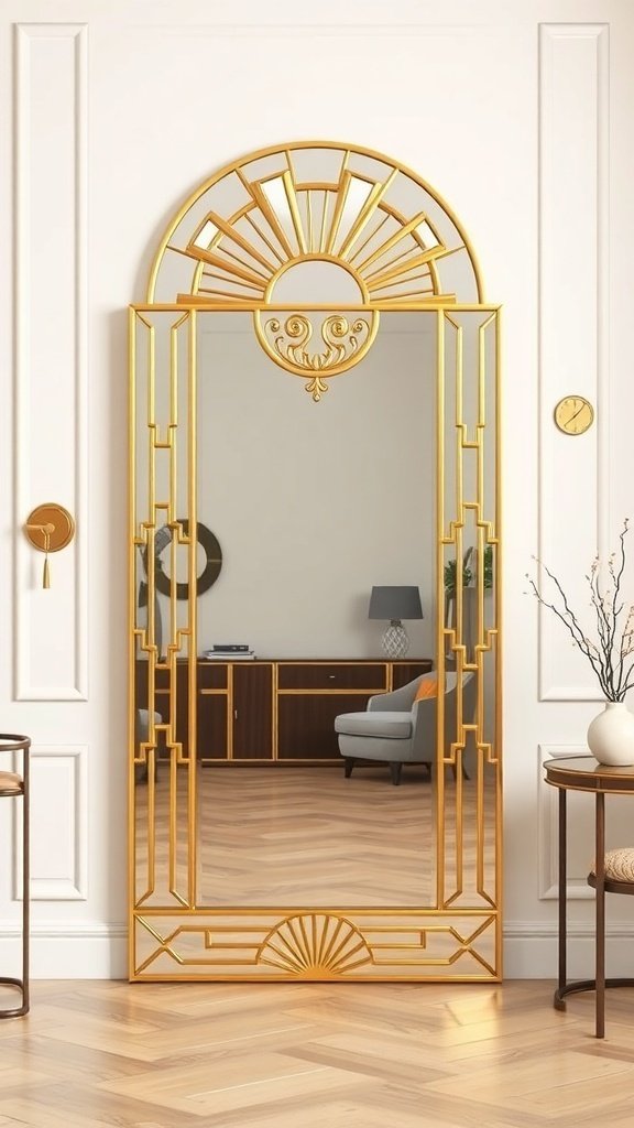 Art Deco full-length mirror with gold accents and geometric design