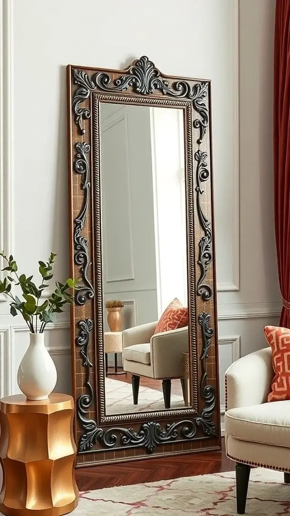 A full-length mirror with an ornate wooden frame, reflecting a stylish interior.