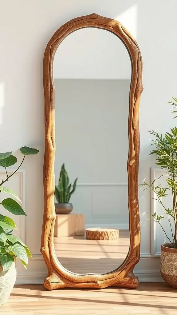 A nature-inspired full-length mirror framed with a wood-like finish, surrounded by greenery.