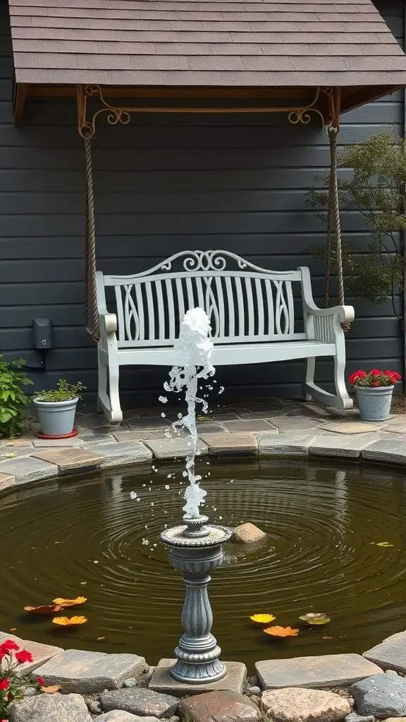 A tranquil outdoor setting featuring a 1920's porch swing and a decorative fountain in a pond.