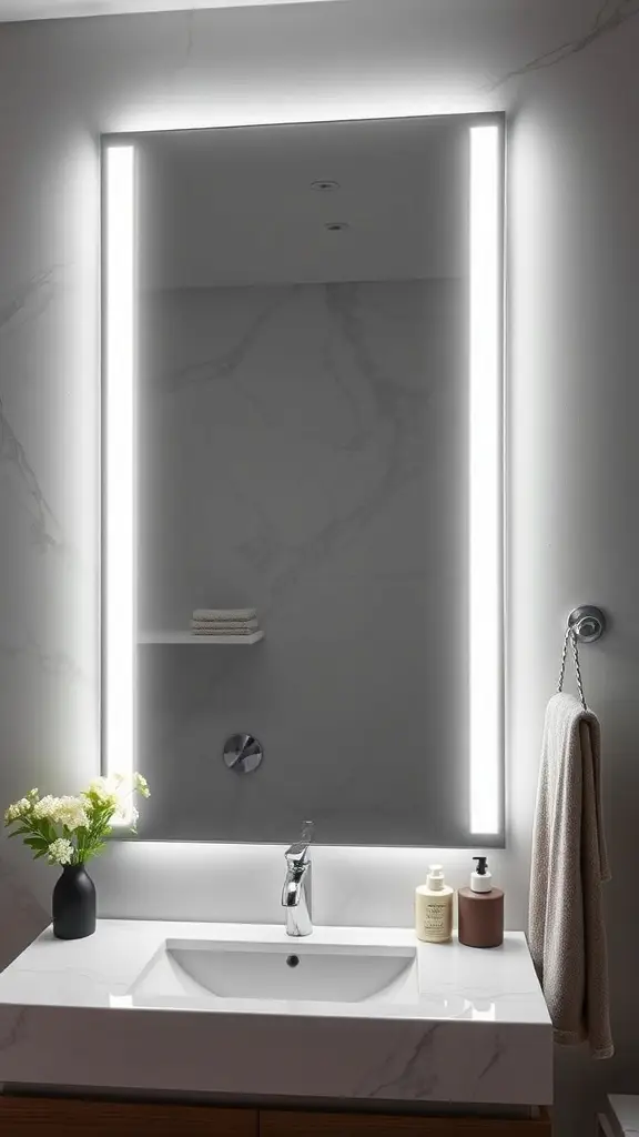 A modern full-length mirror with integrated lighting, set against a marble wall, showcasing a sleek design.