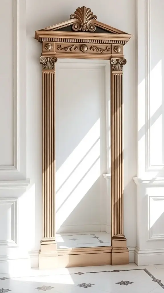 A neoclassical full-length mirror with an ornate frame and intricate details.