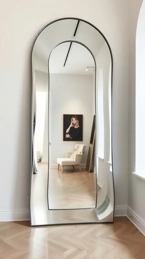 A tall, sleek full-length mirror with a black frame positioned in a corner of a room with a herringbone floor.