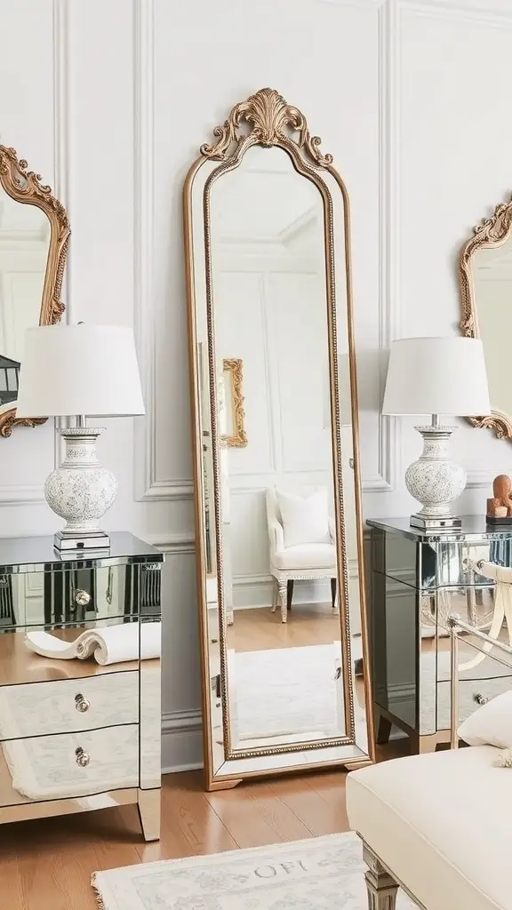 A full-length mirror with an ornate frame next to a mirrored cabinet and a white tufted sofa in a stylish room.