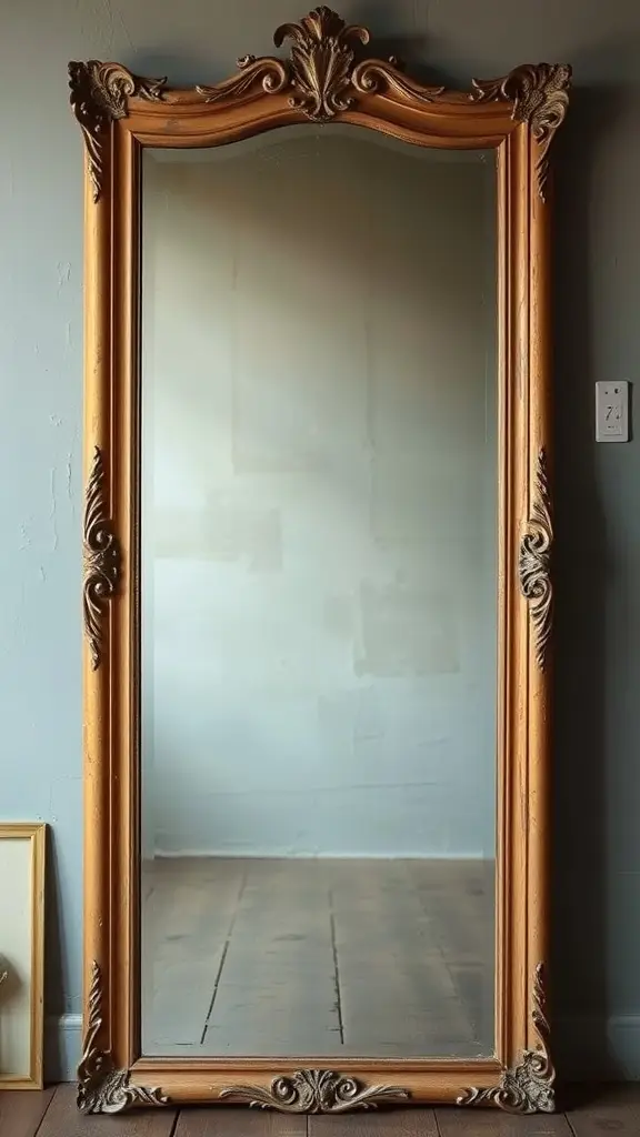 A vintage full-length mirror with an ornate wooden frame, reflecting a simple room.