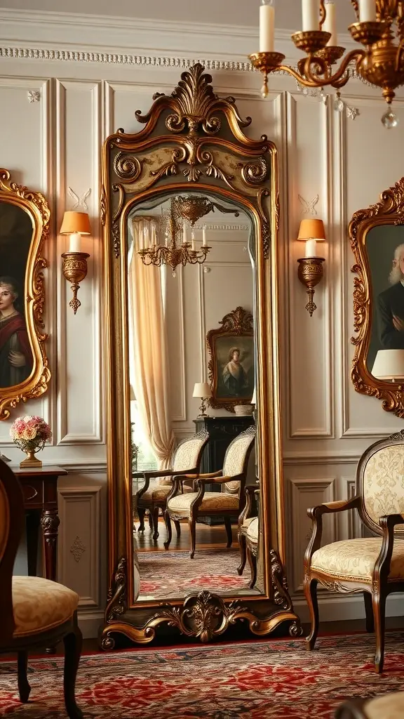 An ornate gold full-length mirror in a sophisticated interior with classic furnishings and warm lighting.