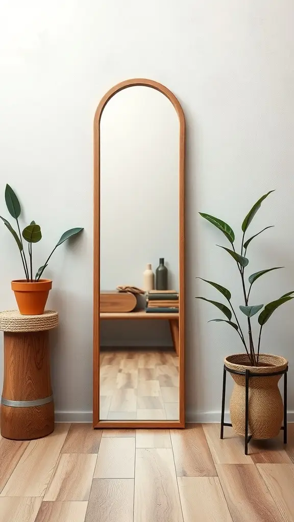 A full-length mirror with a wooden frame leaning against a wall, surrounded by a plant and a small table.