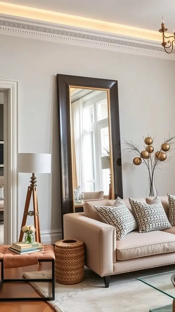 A full-length mirror with a golden frame leaning against a wall, reflecting a stylish room with a plant and a coffee table.