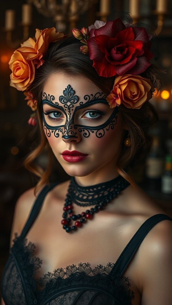 A vintage-themed dinner party setup with golden masks, candles, and a dark tablecloth.