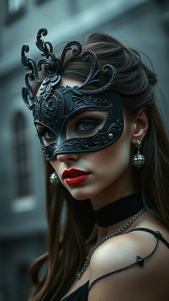 A beautifully detailed gothic mask with intricate designs, set against a dark background.
