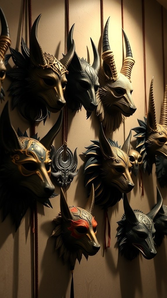 A collection of mystical animal masks hanging on a wall, showcasing various designs and colors.