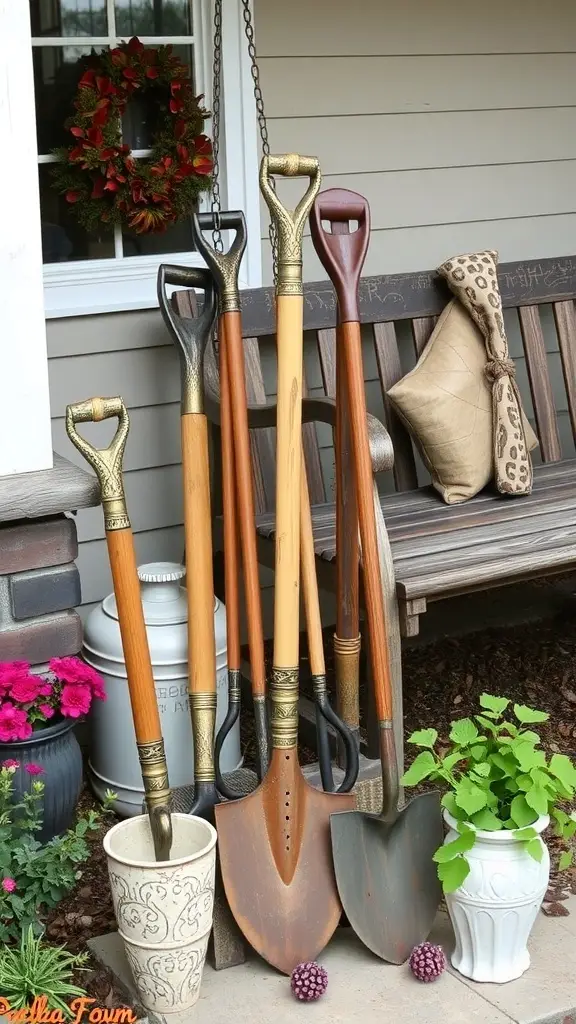 A collection of vintage garden tools leaning against a wooden bench in a cozy outdoor setting.