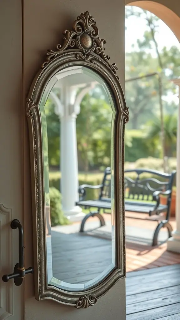 A decorative mirror reflecting an outdoor space with a porch swing