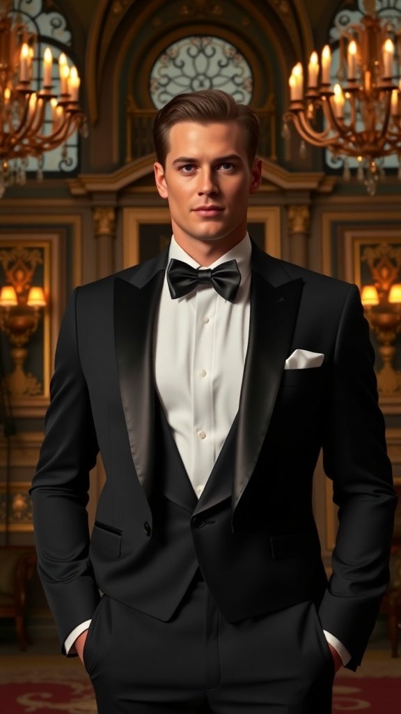 An elegant room in Wayne Manor with chandeliers, a large table, and guests in tuxedos.