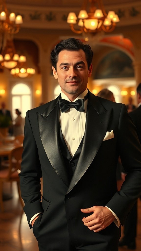 A group of men in tuxedos walking down a street, evoking classic Hollywood style.